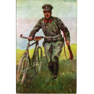 1915 Olasz katona kerékpárral / WWI Italian military art postcard, soldier with bicycle (gyűrődés / crease...