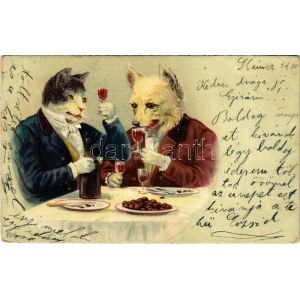 1900 Cat and dog drinking wine. litho (Rb)