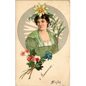 1902 Art Nouveau lady. Floral, litho (Rb)