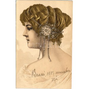 1907 Art Nouveau lady. Emb. litho (b)