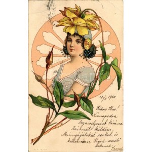 1900 Art Nouveau lady. Floral, litho (EB)