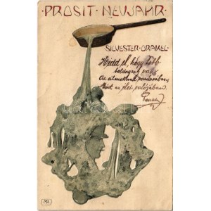 1901 Szecessziós dombornyomott újévi üdvözőlap / Prosit Neujahr - Silvester Orakel. B.K.W.I. 3002-4...