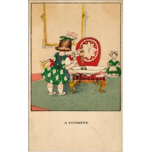 Fogkefe. Egy jó kislány viselt dolgai I. sorozat 1. szám / Toothbrush. Hungarian art postcard s: Kozma Lajos (Rb...