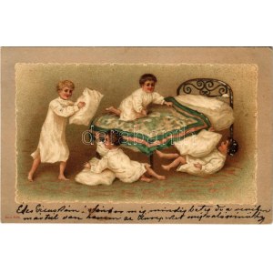 1902 Boys' pillow fight. Emb. litho (lyuk / pinhole)