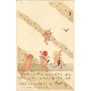 1900 La chasse aux Coeurs / Cupids with hearts. Art Nouveau litho