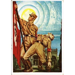 1938 Und Ihr habt doch gesiegt! Gedenkpostkarte 9. November 1938 / WWII NSDAP German Nazi Party propaganda, swastika s...