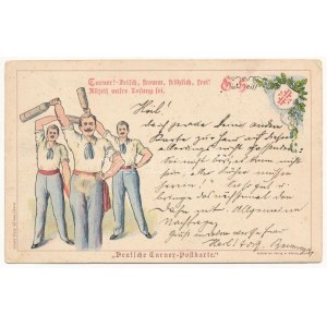 1899 (Vorläufer) Gut Heil! Deutsche Turner-Postkarte / Német Tornaegylet szecessziós képeslapja ...