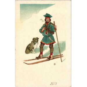 Winter sport art postcard, skier. litho (EK)