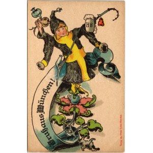 Gruß aus München! HB / German beer advertisement. Verlag v. Ottmar Zieher litho (kis szakadás / small tear...