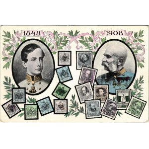 1848-1908 Ferenc József uralkodásának 60. évfordulója. Jubileumi díszes, szecessziós lap bélyegekkel / Franz Joseph...