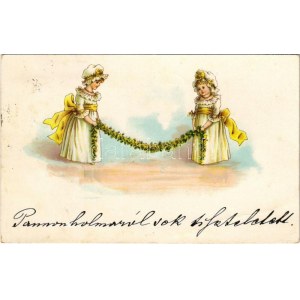 1899 (Vorläufer) Greeting card with girls and flowers. litho