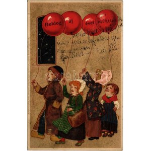 1908 Boldog Újévet! / New Year greeting art postcard with children and balloons. Meissner & Buch Künstler...