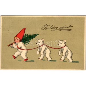 1923 Boldog Újévet! / New Year greeting art postcard with ice bears. HWB Ser. 2061. (fa)