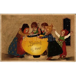 1907 Boldog Újévet! / New Year greeting art postcard with children and lamp. Meissner & Buch Künstler...