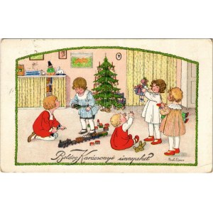1932 Boldog karácsonyi ünnepeket / Christmas greeting art postcard, Christmas tree, children with toys, teddy bear. M...