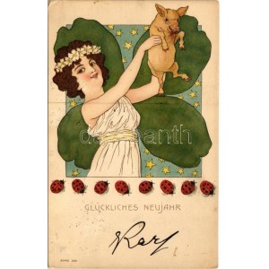 1899 (Vorläufer) Glückliches Neujahr! / New Year greeting art postcard with Art Nouveau lady and pig. litho (EK...