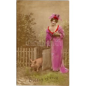 1906 Boldog Újévet! / New Year greeting art postcard, lady with pig. Oranotypie