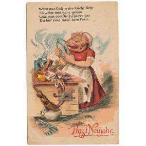 1901 Prosit Neujahr / Konyhamalac. Újévi üdvözlet / Food waste grinder pig lady. New Year greeting. litho (fa...