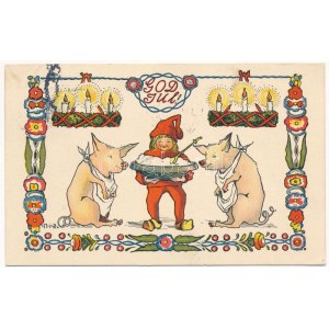 God Jul! Stenders Forlag / Dán újévi üdvözlet, törpe malacokkal / Danish New Year greeting, dwarf with pigs...