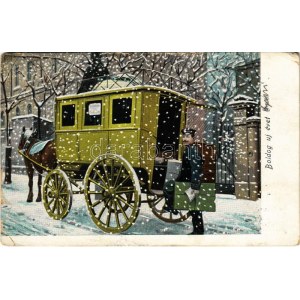 1904 Boldog Újévet! / New Year greeting art postcard with post carriage in winter (szakadás / tear...