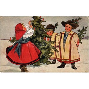 Karácsonyi üdvözlet / Christmas greeting art postcard with Christmas tree, Hungarian folklore (fa...