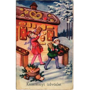 1938 Karácsonyi üdvözlet / Christmas greeting art postcard with gingerbread house. Rokat 1416. (EK...