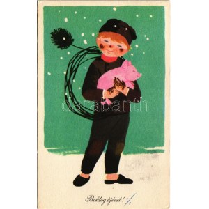 1963 Boldog újévet! Kéményseprő malaccal. Képzőművészeti Alap / New Year greeting, chimney sweeper with pig s...