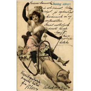 1907 Boldog újévet! Hölgy malac szánon, téli sport / New Year greeting, lady on pig sled, winter sport...