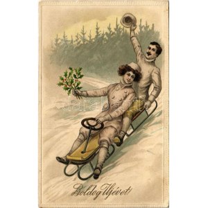 1915 Boldog újévet! szánkózó pár, téli sport / New Year greeting, sledding couple, winter sport. S.B. Special 3227...