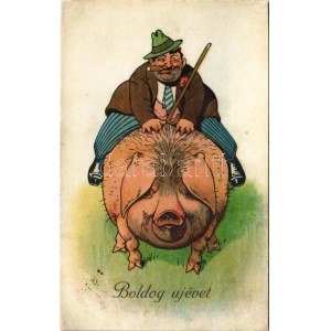 1929 Boldog új évet! malacon lovagló úr / New Year greeting, man riding on a pig. L&P 2001. (r)