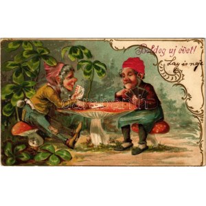 1906 Boldog új évet! Kártyázó törpék - dombornyomott / New Year greeting, dwarves playing card game. Trademark 302 S...