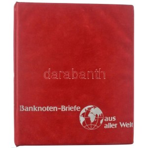 Banknoten Briefe aus aller Welt piros, plüssborítású, négygyűrűs album 30db, osztás nélküli, berakólappal. Használt...