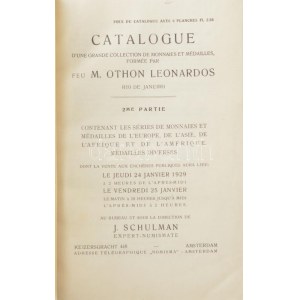 J. Schulmann két darab árverési katalógusa egybekötve: 1929. évi januári (M. Othon Leonardos gyűjtemény...