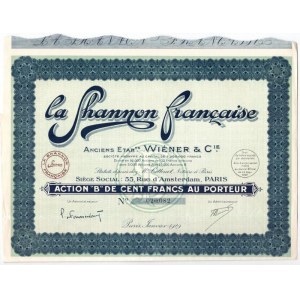 Franciaország / Párizs 1929. La Shannon Francaise B részvénye 100Fr-ról szelvényekkel T:II France / Paris 1929. ...
