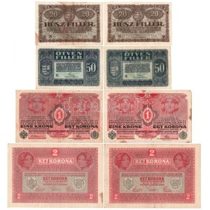 1916-1920. 20f (2x) + 50f (2x) + 1K (2x) + 2K (2x) T:II--III fo. Adamo K1, K2, K3, K6