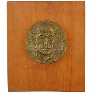 Adorjáni Endre (1950-) 1981. Tamási Áron egyoldalas bronz emlékérem (120mm) fa lapra erősítve (270x230mm)...
