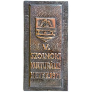 1971. V. Szolnoki Kulturális Hetek 1971 ezüstözött fém plakett, eredeti dísztokban (132x60mm) T:1...