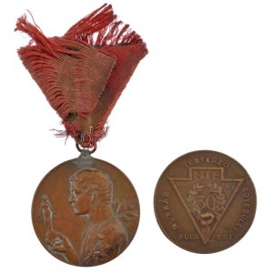 ~1910. MTE kétoldalas bronz díjérem erősen sérült mellszalagon (40mm) + 1938. Munkás Testedző Egyesület - MTE 1908...