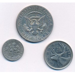 Amerikai Egyesült Államok 1968D 1/2$ Ag Kennedy + 1967. 1d Cu-Ni Roosevelt + Kanada 1968. 25c Ni II. Erzsébet T:1...