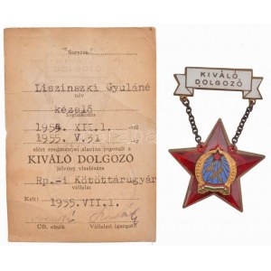 ~1955. Kiváló dolgozó Rákosi-címeres zománcozott fém kitüntetés, viselői igazolvánnyal T...