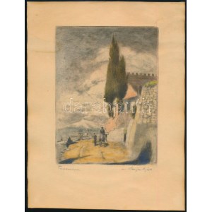 Bajor Ágost (1892-1958): Taormina. Színezett rézkarc, papír, jelzett, foltos, 17×13 cm