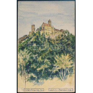 Csanits Nándor (?-?), működött a XX. sz. első felében: Wartburg vára. Akvarell, papír, 14x8...