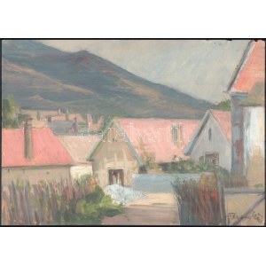 Farkas György (1911 - 1995): Házak. Olaj, papír, jelzett, apró szakadással. 30x42cm