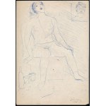 Jánossy Ferenc (1926-1983): Női akt önarcképpel. Golyóstoll, papír, jelzett. 30x21 cm