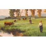 Neogrády Antal (1861-1942): Legelésző tehenek pásztorfiúval. Olaj, vászon, jelezve jobbra lent...
