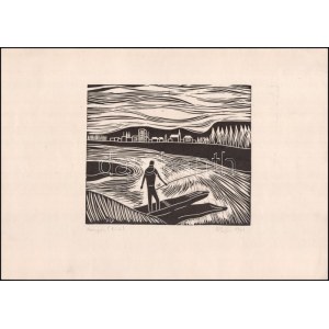 Póka György (1944 - ): Horgász. Linómetszet, papír. Jelzett, 18x21 cm