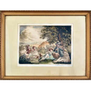 Prihoda István (1891-1956): Zene és tánc a szabadban. Színezett rézkarc, papír, jelzett. 25×32 cm. Dekoratív...