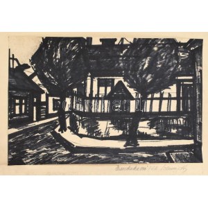 Schmidt Rudolf (?-): Budakeszi részlet, 1966. Filctoll, papír. Jelzett. Kartonra kasírozva. Feltekerve. Karton sérült...