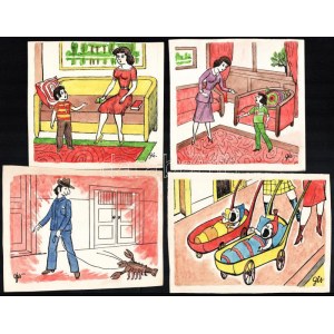 Szegő Gizi (Gis), (1902-1985): Ludas Matyiban megjelent grafikák, karikatúrák vázlatai. 12 db. Vegyes technika, papír...