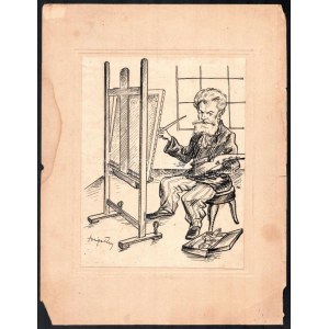 Szigethy István (1891-1966): Munkácsy Mihály fest (karikatúra v. illusztráció). Tus, papír, jelzett, kartonra kasírozva...